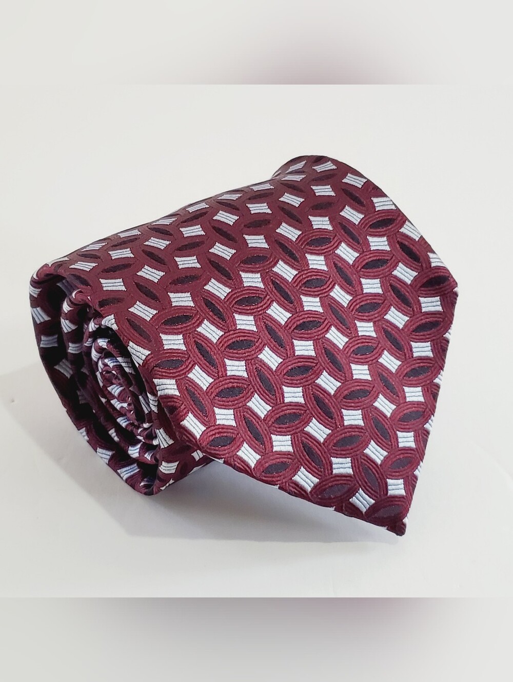 SPQR Burgundy Geometric Pattern Men's Silk Neck Tie Jacquard Fabric 59x3.75"